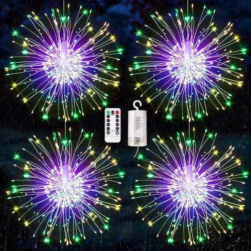 KIKILIVE Paquete de 4 luces de fuegos artificiales para exteriores para Navidad, luces LED de fuegos artificiales impermeables con 8 modos de control remoto