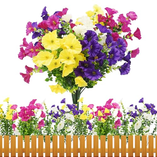 Zequech 8 Bouquets Fleurs Artificielles Extérieur, Résistante aux UV Simulation Fausse Gloire Matinale Fleurs Pétunia Deco Plante pour Décoration Jardin Balcon Fenêtre (Jaune Blanc Lotus Violet)
