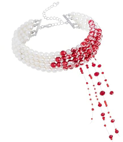 Blutige Perlenkette, Gothic-Halsketten, Tropfende Blut Imitationsperlen Halskette, Verstellbarer Perlenkette Blut, Halloween Schmuck Damen, für Karneval Halloween Party Vampir Kostüm Accessoires