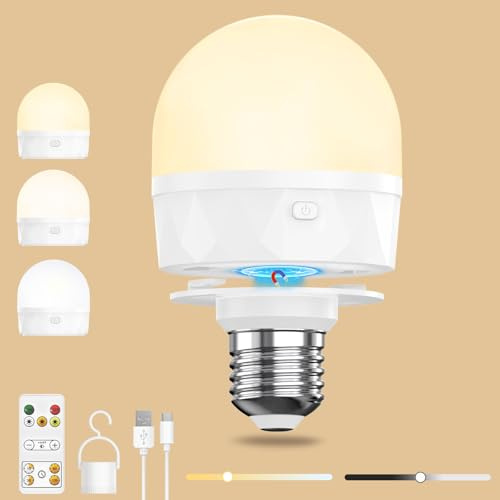 Ylatoial E27 Aufladbare Glühbirne mit Fernbedienung USB C Led Lampe Akku | mit 2200mAh Batterie & Magnet Haken, 3 Farben Dimmbare Timer Ohne Strom für Outdoor Licht Camping Hängelampe Notlicht