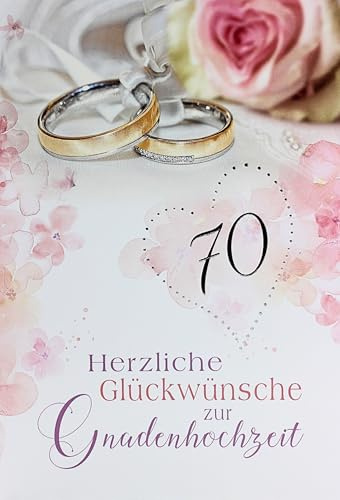 Kurt Eulzer Karte zur Gnadenhochzeit 70 Jahre Ehe Glückwunschkarte mit rosa Blumen und goldringen Motiv inkl. Umschlag 70 Hochzeitstag
