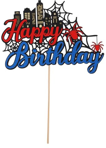 Cartoon Spinne Geburtstag Kuchen Topper, Glitzer Papier Spinnennetz Happy Birthday Cupcake Topper Cartoon Thema Party Dekoration für Jungen & Mädchen