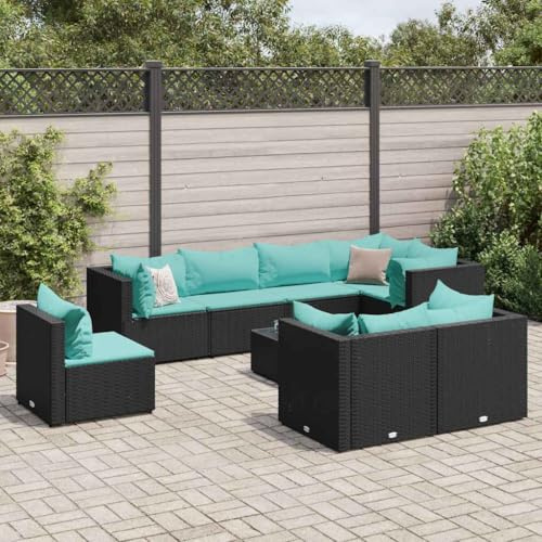 QJBSAVVA 9tlg Garten Lounge Set Schwarz Poly Rattan mit wasserblauen Kissen 63 x 63 x 57,5 cm modulare Sitzgruppe klein Balkon Terrasse