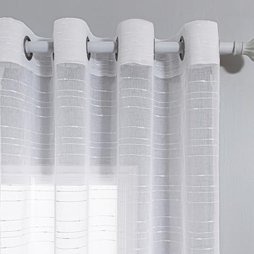 MYSKY HOME Vorhänge Gardinen mit Ösen Vorhang Kurz Weiß Streifen Gardine Halbtransparent Moderner Wohnzimmer 2er Set H 240 x B 140
