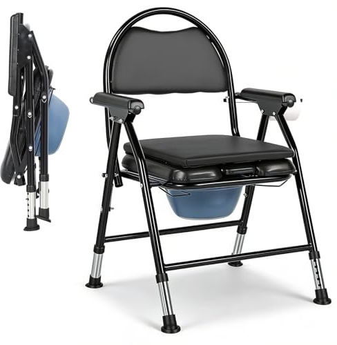 Folding Commode Chair for Elderly, Height Adjustable 300kg Carbon Steel Toilet Chair with Extra Cushion, Bucket, Cover, Brush, Portable Bedside Shower Chair for Disabled Bedroom Bathroom