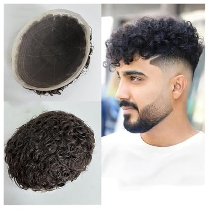 Kurze Perücke für Männer 20MM Lockiges Haarteil Menschliches Haar Männer Toupet Atmungsaktive Volle Französisch Spitze Abdeckung Kahler Stellen(1b#)