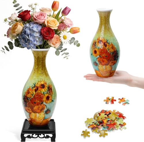 3D Puzzle für Erwachsene Bunte Vase DIY Bastelset - Entspannendes Puzzlespiel, 160 Teile, Einfacher Aufbau ohne Kleber, Moderne Dekoration als Geschenkidee für Zuhause (Sonnenblume)