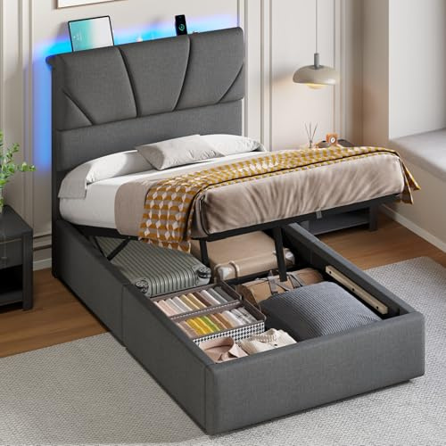 DICTAC 3ft Single Ottoman Bed with LED Lights – 500L+ Storage, Hydraulic Lift-Up Frame, 52cm Dual‑Zone Upholstered Headboard with Charging Station, Adjustable Height, Grey