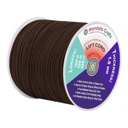 Mandala Crafts 1.5mm Brown Blind Strings Lift Shade Cord, 109 Yards | Braided Nylon Cord for Roller & Roman Shades, Venetian Blinds Repair, Replacement, Curtain String, Indoor & Outdoor Use