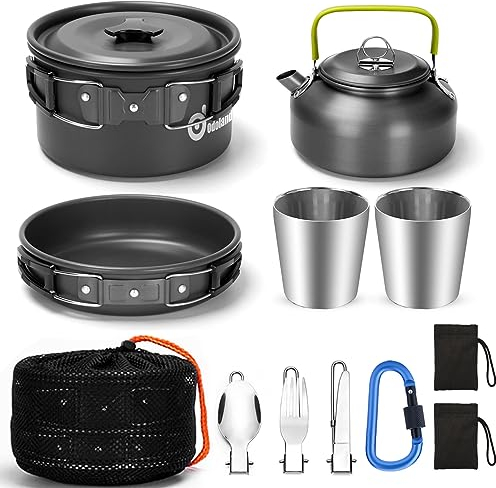 Odoland Camping Cookware Mess Kit for 2 People, Lightweight Outdoor Pot Pan Kettle with 2 Cups, Fork Spoon Cookware Kit Backpacking Picnic Gear for Trekking and Hiking