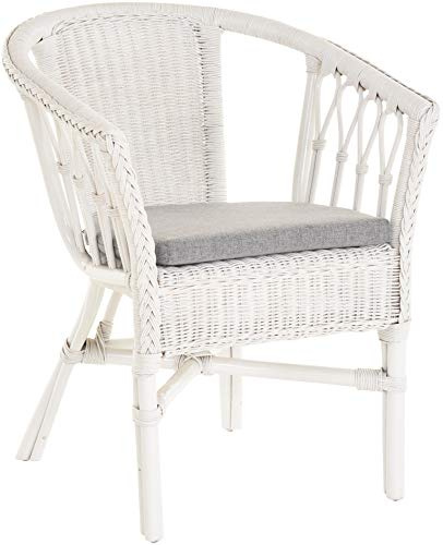 Korb-Outlet Stapelbarer Rattan-Sessel/Stuhl aus Natur-Rattan inkl. Polster in der Farbe Weiß