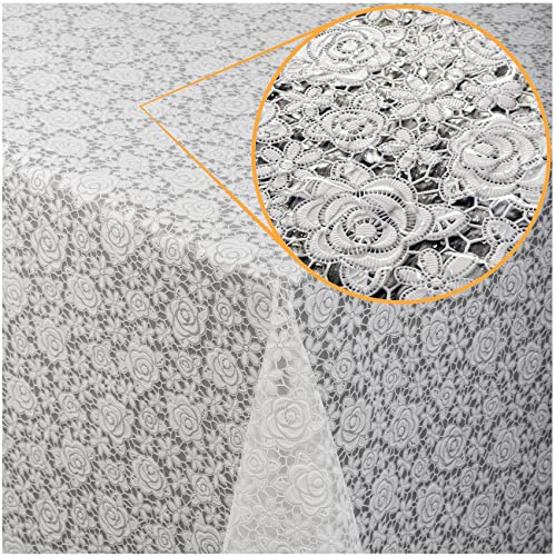 ANRO Tischdecke Lace Vinyl Wachstuch Häkel Spitze Optik Wasserfest Rosen Anthrazit Rosen Weiß Wachstuchtischdecke Wachstischdecke abwaschbar wasserabweisend Gartentischdecke Meterware 180x138cm