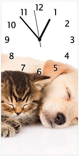 Wallario Design-Wanduhr Katze und Hund in Harmonie - Kuschelnde Tiere aus Glas, Motiv-Uhr Größe 30 x 60 cm, Schwarze Zeiger