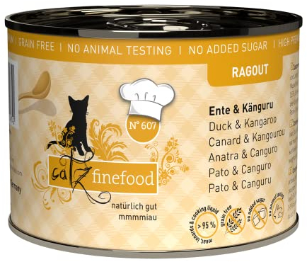catz finefood Ragout N° 607 Känguru & Ente Katzenfutter nass - Feinkost Nassfutter für Katzen in Sauce ohne Getreide und Zucker mit hohem Fleischanteil, 6 x 190 g Dose