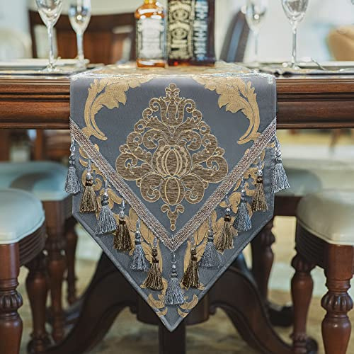 TOPLUXE Runner da Tavola in Tessuto Damascato, Decorazione per Tavolo da Pranzo/ Cucina/ Ristorante/ Banchetto/ Festa (33x228cm, Blu Grigio)