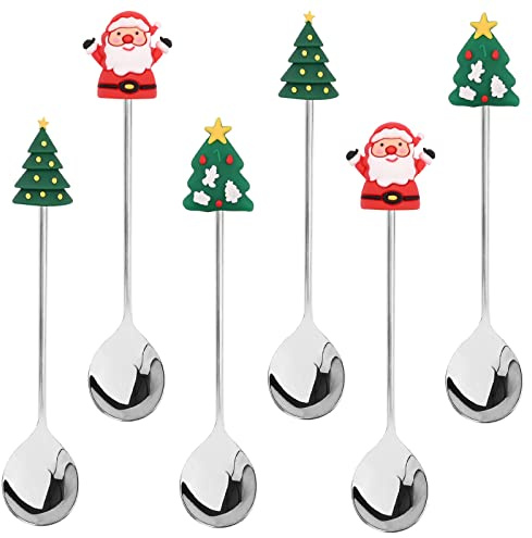 Set di 6 cucchiai di Natale in acciaio inox, cucchiaino da caffè, cucchiaino da tè, cucchiaino da dessert, con confezione regalo (A-d'argento)