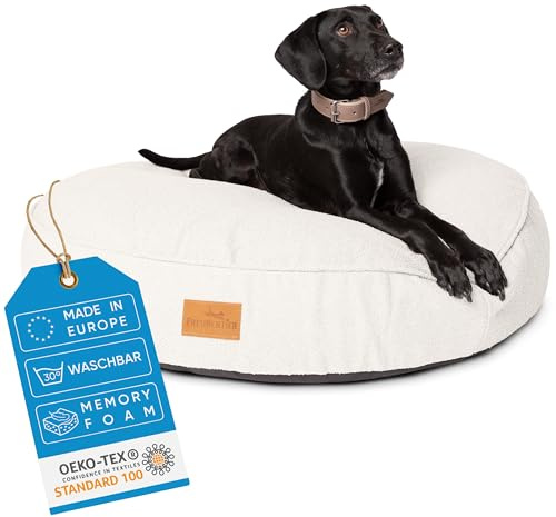 FREUDENTIER® Hundsäng XL 100 cm rund – minnesskum – fluffig och tvättbar – tillverkad i EU – hundkudde för medelstora och stora hundar – hundmadrass i gräddvit