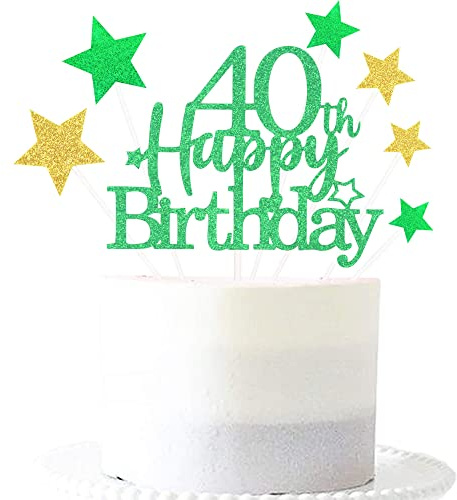 Pargleev Green Gold 40th Birthday Cake Topper with Glittery Stars | 7-piece Green Gold 40th set: 1 glittery 'Happy Birthday' topper + 6 star cupcake toppers; just place on the cake