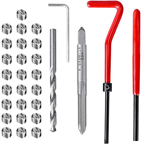Mesee 30Pcs Outils de Réparation de Filetage M5 Ensemble Réparation Filetage avec Foret Hélicoïdal Taraud Clé Inserts Filetés en Acier Inoxydable pour Réparation Filetage Cassé Automobile