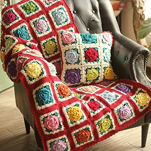 Coperta all'uncinetto per divano,Coperta tessuta a maglia fatta a mano,Coperta per Divano Decorativa Boho,Coperta Per Letto tessuta a fiori colorati per divano Reclinabile(75x48cm(30x19inch), Red)