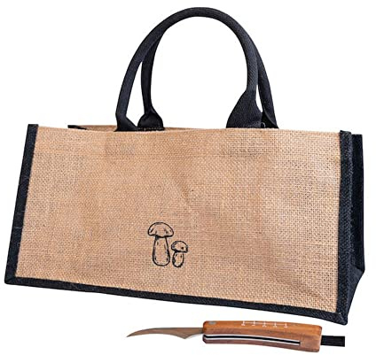 Sagaform Karl-Johan Tasche mit Pilzmesser in der Farbe: Beige/Schwarz, aus Jute hergestellt, Maße: 19 x 22 x 40 cm, 5018342