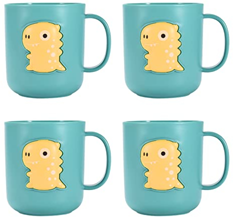 WHOLE HOUSEWARES Personalized Dinosaur Mugs for Kids - Unbreakable Plastic Material - Perfect for Tea Time and Dino Party Decorations - Gift for Little Dino Fans - Set of 4 - Turquoise
