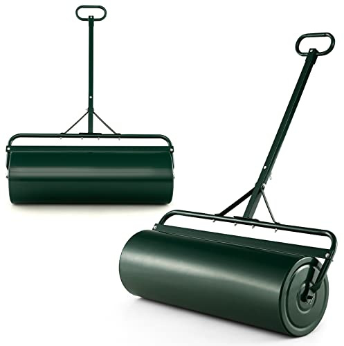 COSTWAY 63L Rodillo de Césped de Metal, Ancho: 90 cm, Ø: 30 cm, Rodillo Cesped Llenado de Agua/Arena Empujado/Remolcado con Mango de Agarre Desmontable para Jardín, Patio, Parque, Granja (Verde)
