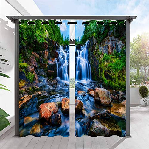 ANHOPE Natur Landschaft Wasserfall Fluss Outdoor Vorhänge mit Ösen Oben Wasserdicht Wetterfest Außen Vorhang für Balkon Terrasse Garten Pergola Pavillon Aussen Gardinen 2er Set B132 x H275 cm