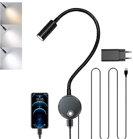 Apliques para Lectura en Interiores, Luz de Pared Regulable con Táctil Interruptor y Puerto USB Lámpara de Cuello de Cisne Flexible Ajustables Iluminación de Cabecera para Dormitorio con Cargador