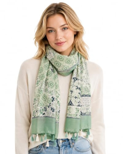 YOUR SMILE Large Boho Scarf for Women Lightweight Floral Printed Scarves Fall Winter Fashion Fringed Shawl wraps (02 Light Green)