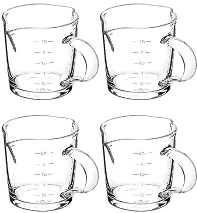 QWORK Espresso Shot Glass with Handle, 4 Pack 3-Ounce Double Spout Glass Measuring Cup Triple Pitcher Milk Cup with Two Scales (OZ&ML)