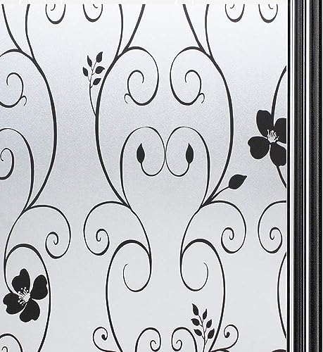 Qualsen Privacy Window Film - Frosted Flower Pattern, Stained Glass Decorative Sticker, Static Cling, 30 x 200 cm, P014B