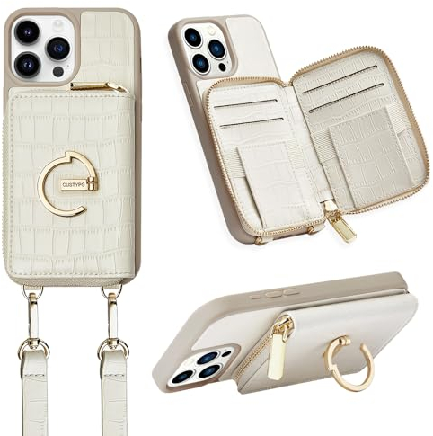 CUSTYPE Für iPhone 15 Pro Max Hülle, Handyhülle für iPhone 15 Pro Max Hülle mit Band Hülle aus Mikrofaserleder mit Geldbörse und Ständer, Handykette Hülle Für Apple iPhone 15 Pro Max Beige 6,7”