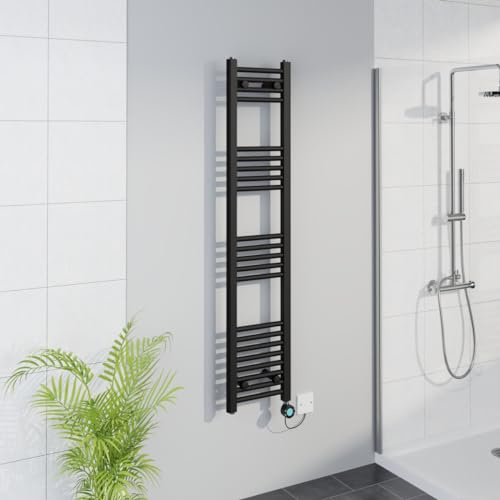 Warmehaus Smart WiFi Thermostatic Electric Bathroom Straight Heated Towel Rail Warmer Radiator with Timer 1400x300mm - Black
