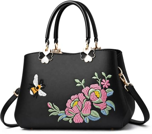 FOLOVEYA Handtasche Damen Elegant Blumen Umhängetaschen Henkeltaschen Frauen Top Griff Tasche PU Leder Tote Crossbody für Shopping Arbeiten Reisen Stickerei Schultertasche