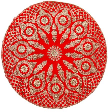 Aditri Creation Dekorative Matte Aasan rundes Samt-Puja-Tuch mit Sequenzarbeit für indische traditionelle Mehrzweck-Puja-Neujahrs-Festival-Dekorationen, Artikel und Artikel (rot)