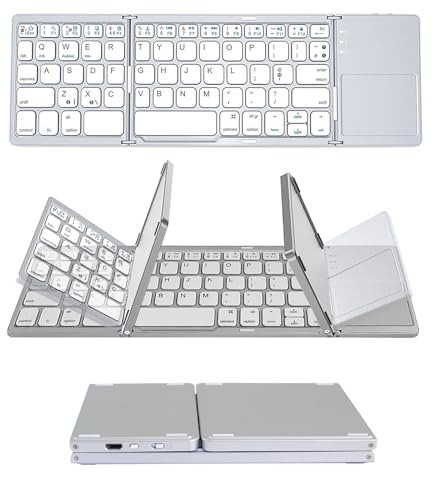 Bluetooth Foldable Keyboard, Mini Folding Wireless Keyboard with Trackpad, Portable Small Travel Rechargeable Bluetooth Keyboard with Touchpad for Tablet Phone iPad Windows iOS Android, QWERTY, White
