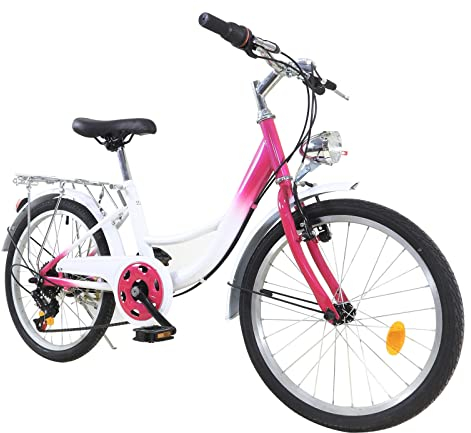 JINPRDAMZ 20 Zoll Kinderfahrrad Mädchen, 6 Gang Premium City Bike Rosa Damenfahrrad Jugendfahrrad, Fahrrad mit Licht, für Stadt, Strand, Radweg und Alle Arten von Straßen, Rosa und Weiß