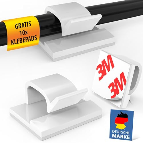 MEISTERWERK Kabelhalter Selbstklebend – 60 Stück I Mit stärkstem Kleber (Weiß) - Kabelclips für Kabelmanagement - Outdoor Kabel Clips mit Klebebändern – Kabelklemmen