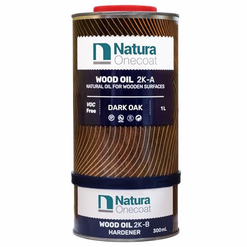 Natura Onecoat 2 Component Wood Stain Oil, 1.3 L (43.95 fl oz), Dark Oak, Easy to Apply, Very Low Odor, Linseed Oil, Interior Furniture & Flooring, Dries Fast, VOC/Solvent Free, Durable Hardwax Oil