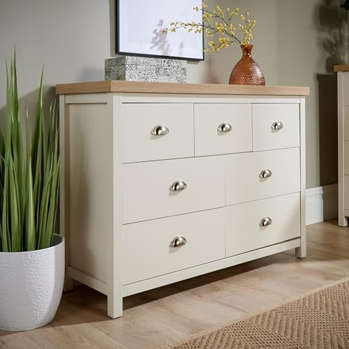 Home Source Wide Chest of Drawers Clothing Storage Unit, 7 Drawers, Cream, Sonoma Oak Effect