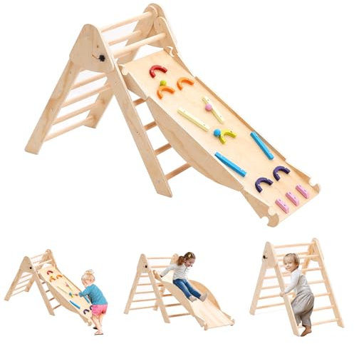 Arkyomi Kinder klettergerüst Indoor/Outdoor kletterdreieck mit rutsche，3in1 Kinder Holz Klettern Indoor Spielplatz ab 1 Jahr，Baby spielgeräte Klettergeräte Mit Wippe