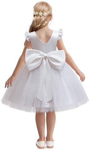 NNJXD Princess Girl Birthday Party Dress Bowknot Kids Dresses Flower Wedding Gown 2070 White (4Y) 4-5 Years