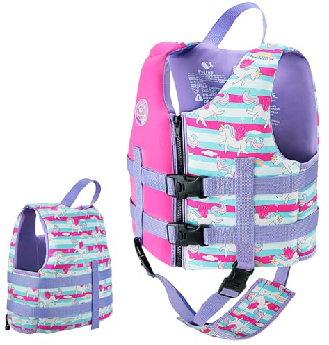 Pottwal Swim Vest for Kids - Swim Jacket for 7-9 Years (55-77LBS) - Made of Neoprene & EPE - with Adjustable Crotch Strap - Red Purple Unicorn