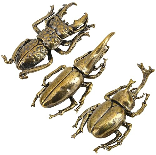 3PCS/Set Insect Bug Wall Decor, Solid Brass Beetle Figurine Ornament, Exquisite Miniature Taurus Horn Insects Art Statue, Simulation Desk Decoration Crafts, Home Living Room Artwork Gift for Tea Table