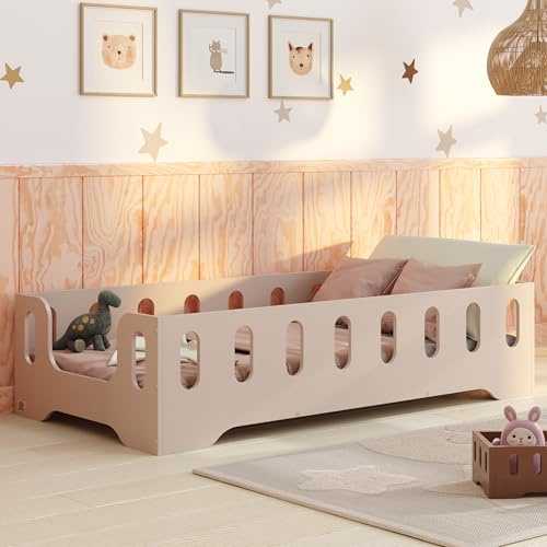 smartwood Golvsäng 70x140 Kashmir - Montessori Barnsäng i trä med FSC-certifikat - TILA 2B med fallskydd och ribbotten, belastningsbar upp till 230 kg - Enkel montering