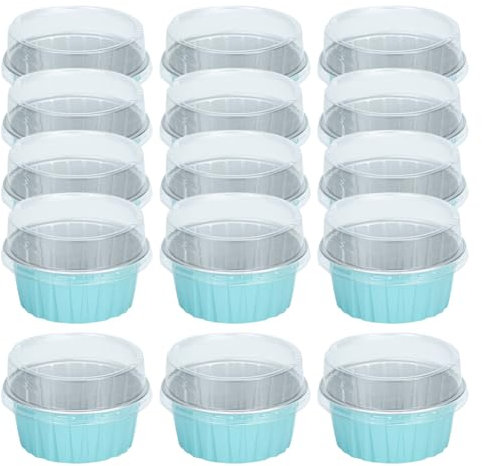 FSSTUD 50 Pcs Aluminum Foil Baking Cups with Lids Small Pudding Dessert Tins Party Cupcake Ramekins Pans Mini Cake Pan Holder Containers Tart Pie Tins Muffin Cake Cases Wrappers Blue