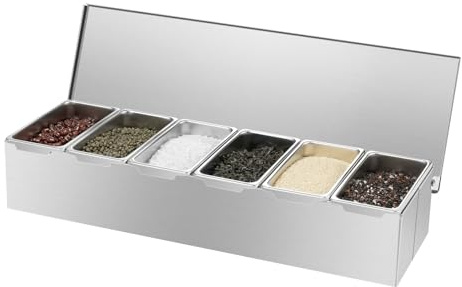 DaiJiubu Condiment Dispenser 6 Compartment Condiment Holder With Flip Lid Stainless Steel Seasoning Spice Box Jar Condiment Dispenser Storage Container For Salt Pepper Fruit Cereal 18.1 * 5.9 * 3.5In