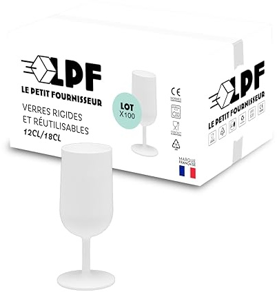 LPF LE PETIT FOURNISSEUR - Lot de 99 Verres à Vin réutilisables 12cl (18cl max) - Polypropylène plastique alimentaire rigide - Verre à pied à eau et vin - Compatible lave-vaisselle - Couleur Blanche