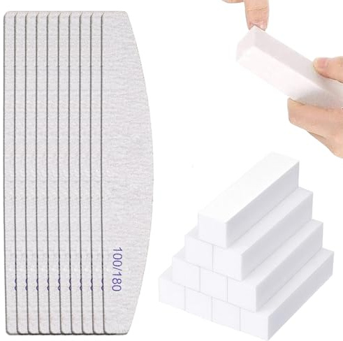 GNHG Set 20 Pezzi Lima Unghie Professionale e Blocchi Lucidatura Unghie, 10 Lime a Doppia Faccia 100/180 Grana + 10 Blocchi di Polishing per Manicure e Pedicure